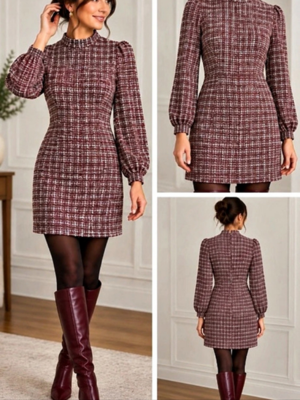 Retro Tweed Look Plaid Puff Sleeve Mock Neck Mini Dress Small